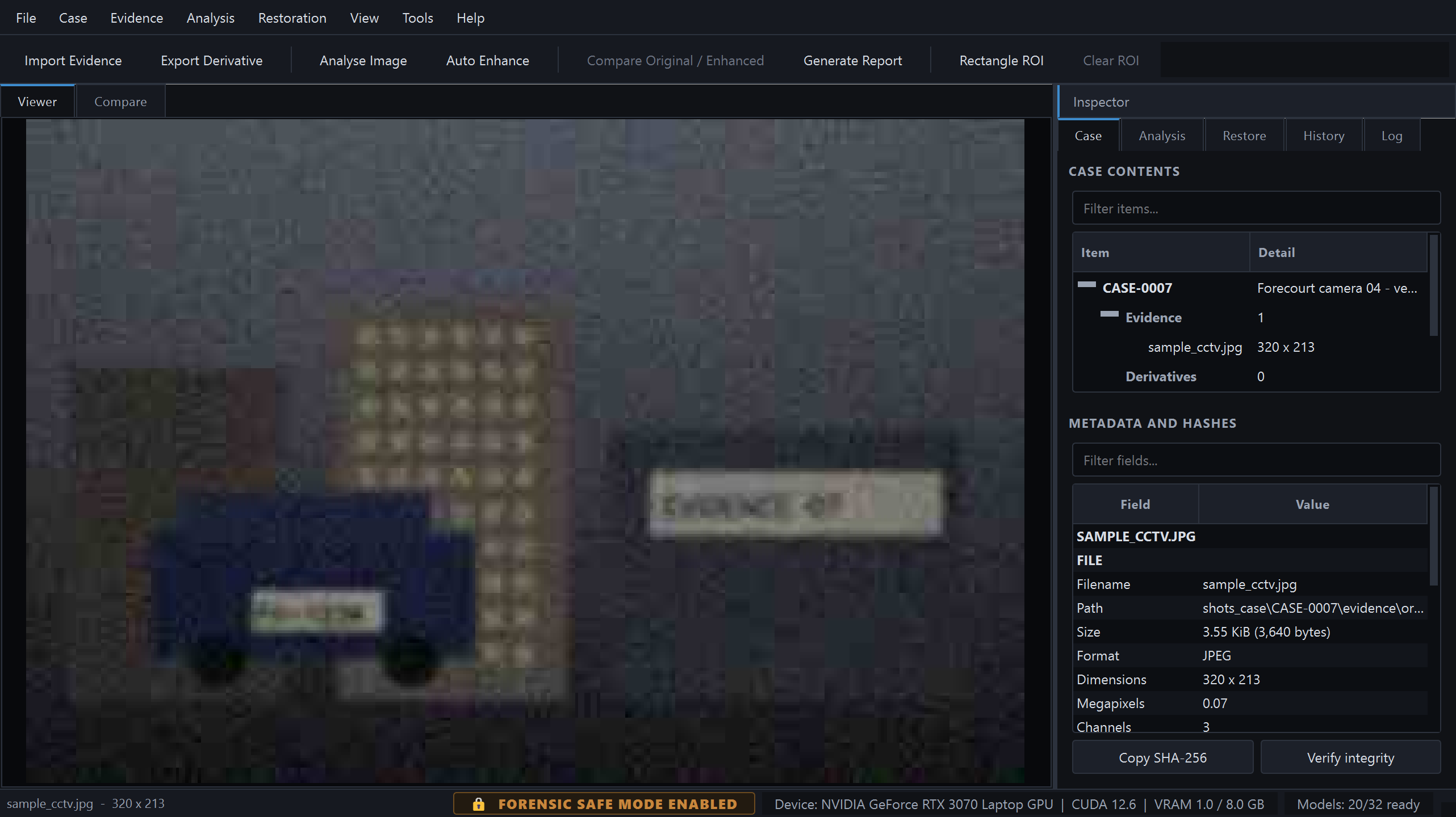 The ForensicVision main window: evidence loaded in the viewer, the Inspector open on the Case tab, and the status bar showing Forensic Safe Mode enabled.