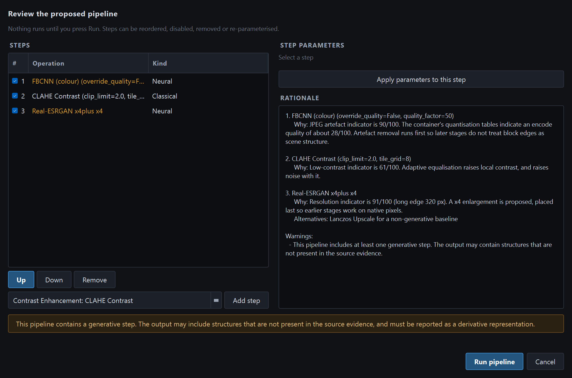 Pipeline review dialog with per-step rationale and a generative-step warning banner