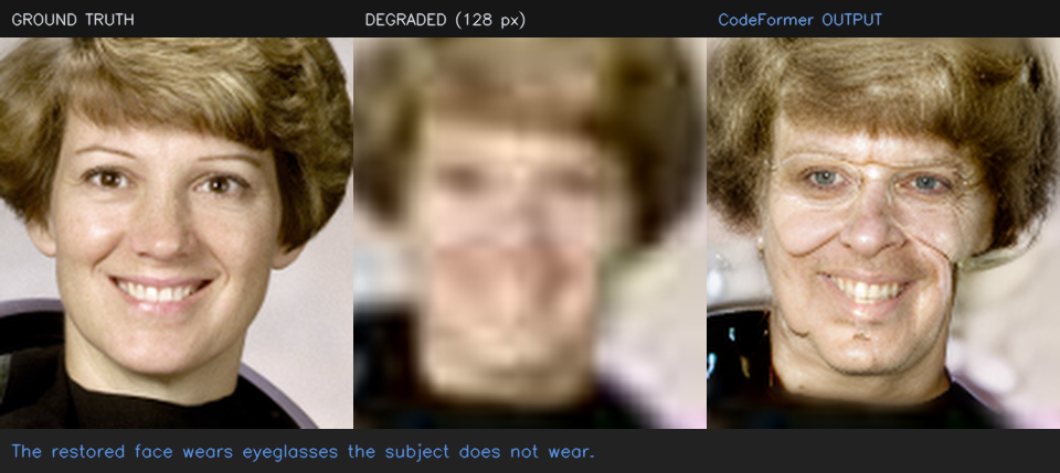 Ground truth, degraded and CodeFormer-restored faces showing invented eyeglasses